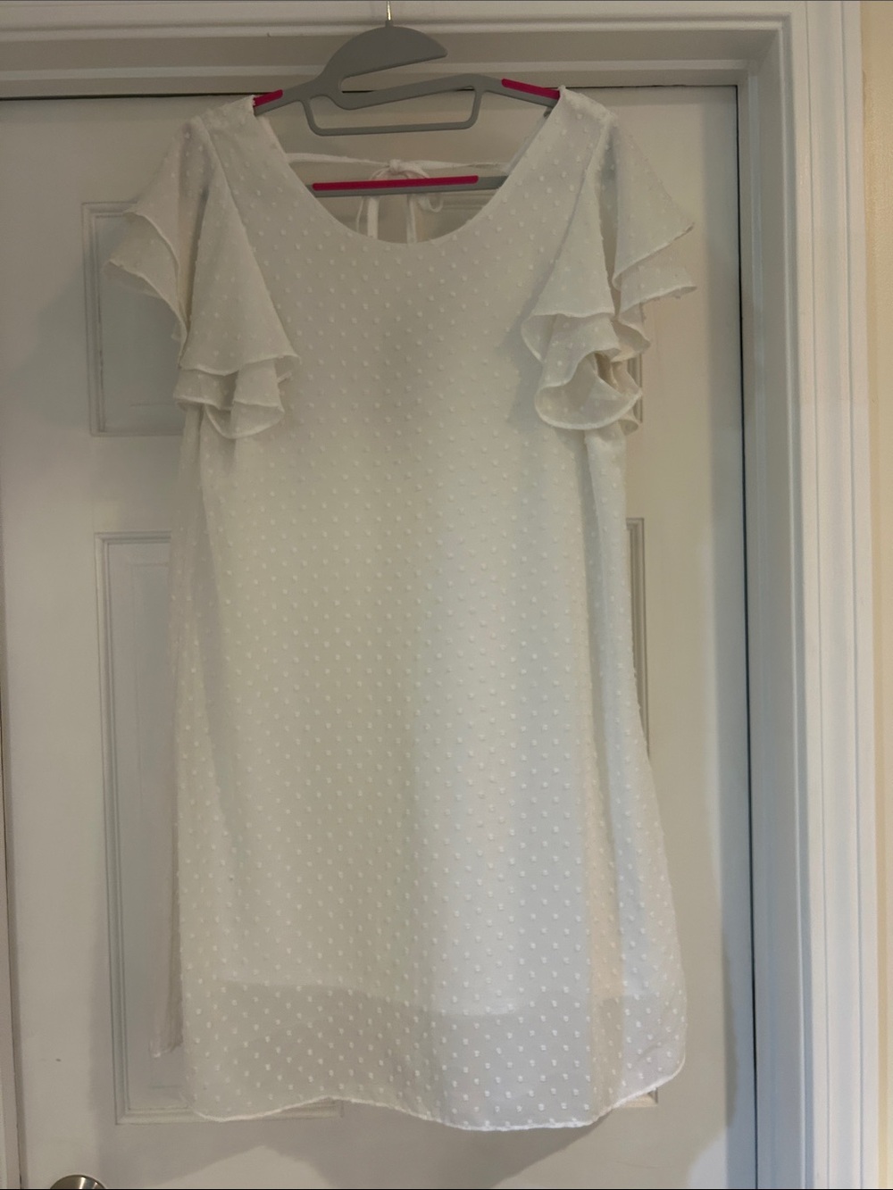 Love Riche White Swiss Dot Flutter Sleeve Shift Dress